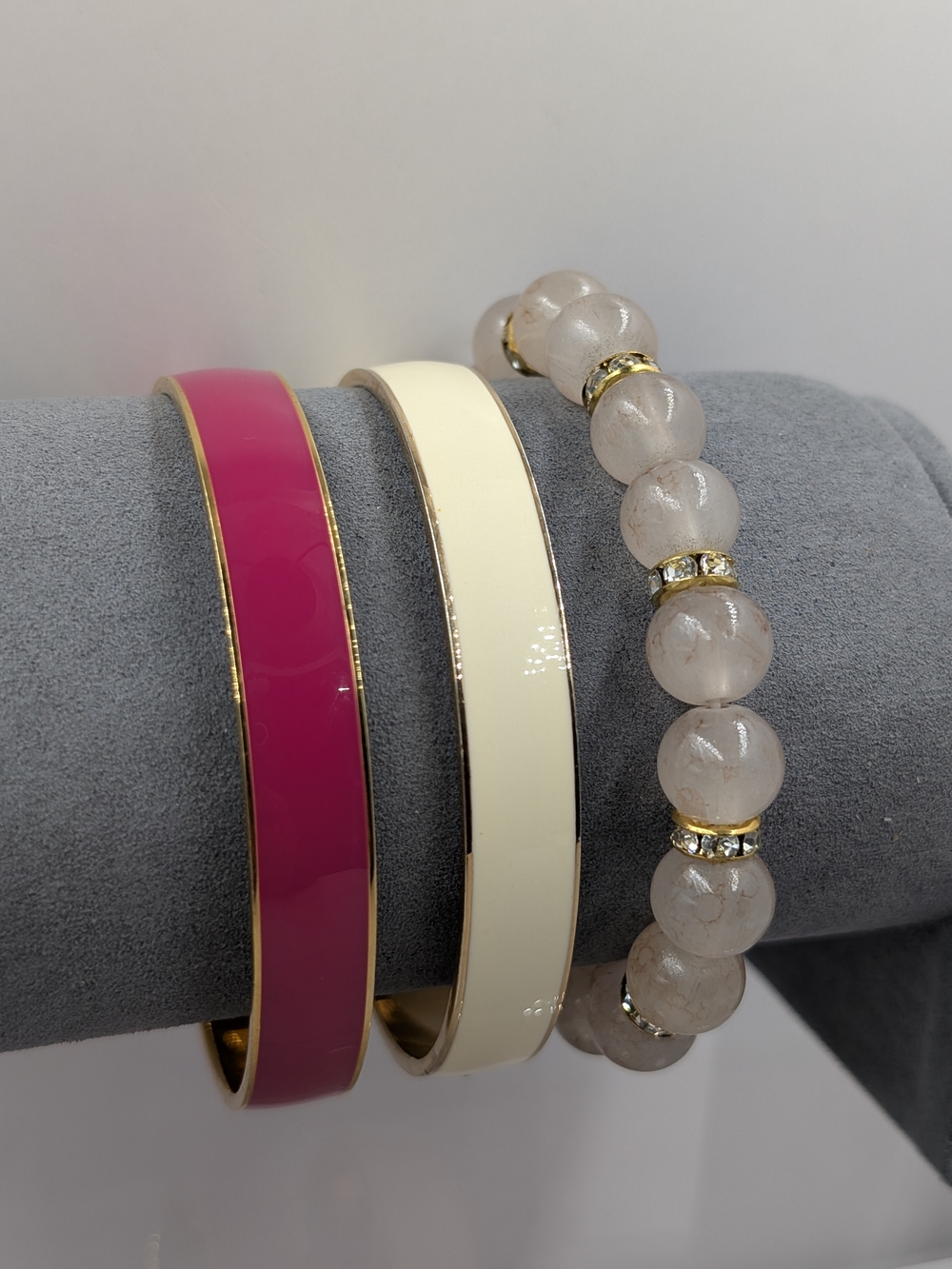 J.Crew Hot Pink Cream Enamel Bangles + Blush Beaded Bracelet Set | 1211